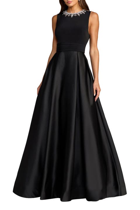 Petite Pearl-Embellished High-Neck Sleeveless A-Line Evening Gown