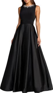 Mac Duggal Petite Pearl-Embellished High-Neck Sleeveless A-Line Evening Gown