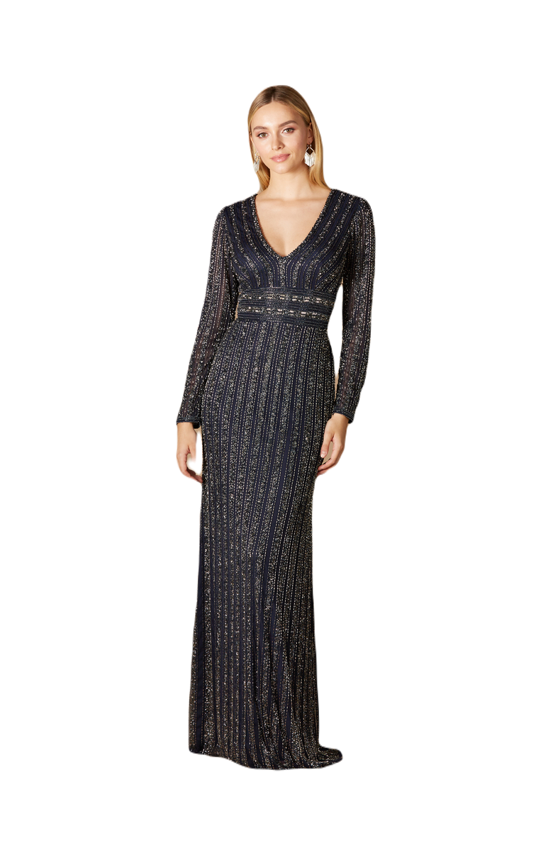 LARA New York Long Sleeve Beaded Gown, Alternate, color, Navy