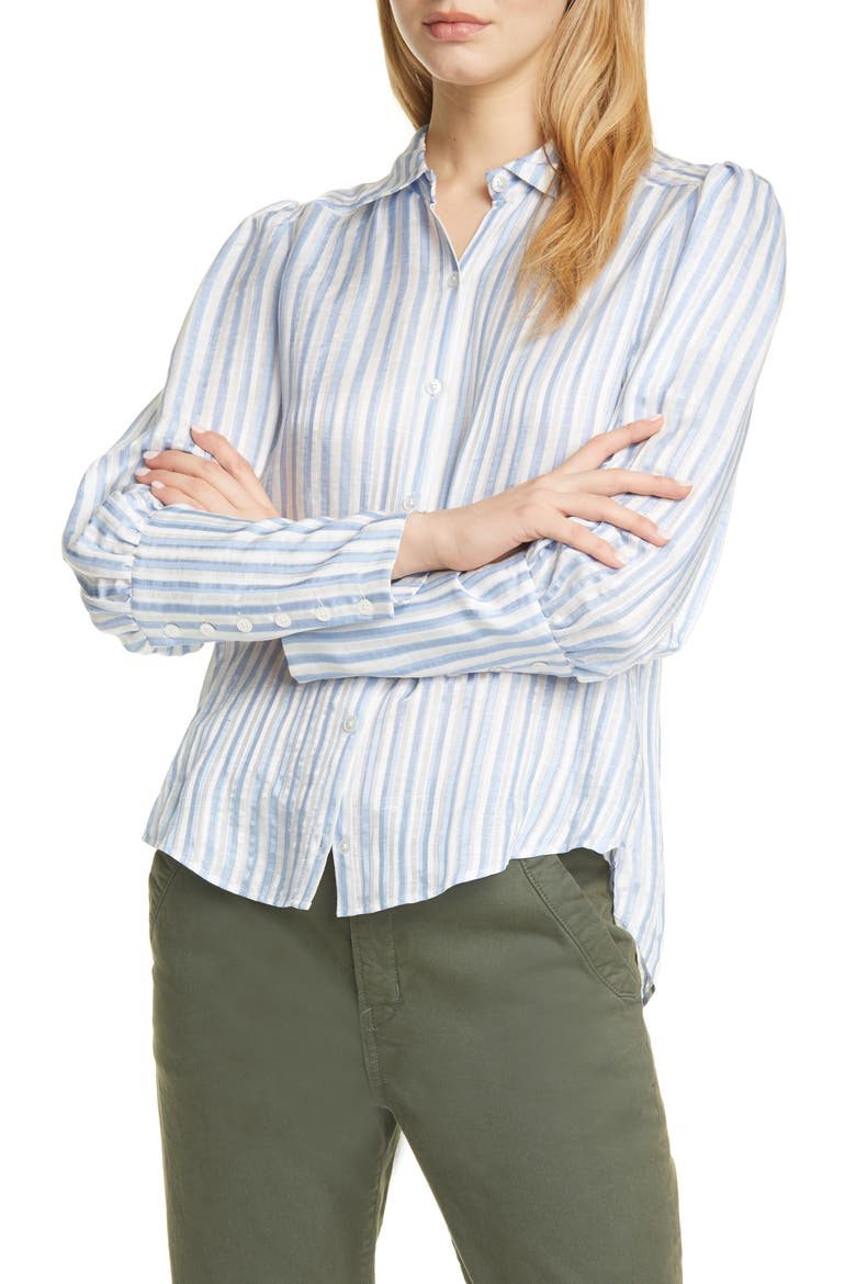 Ally Stripe Linen & Silk Blend High/Low Shirt, Main, color, BLUE WHITE