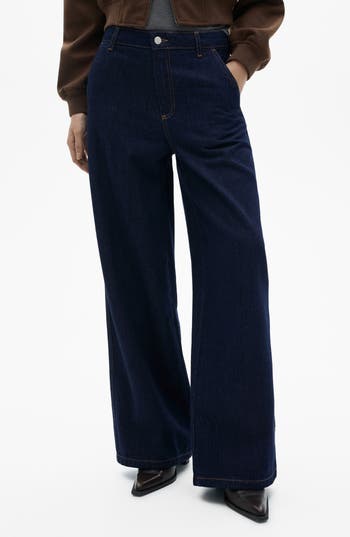 Mango Mid Rise Wide Leg Trouser Jeans In Blue