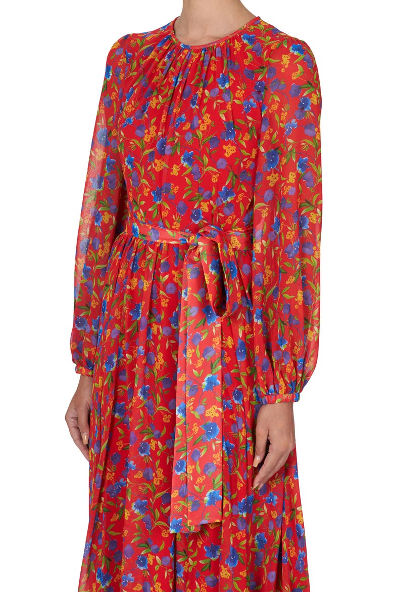 Floral Print Long Sleeve Chiffon Dress, Alternate, color, LACQUER RED