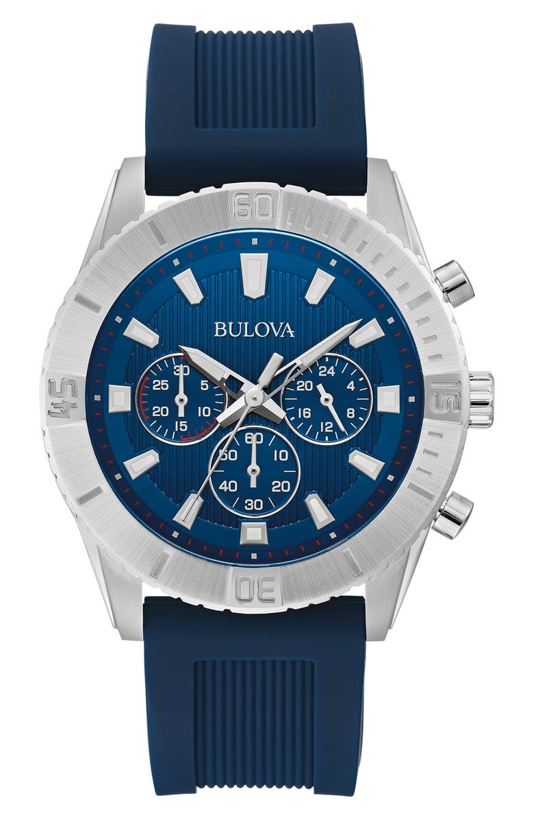 BULOVA Chronograph Quartz Silicone Strap Watch, 43mm, Main, color, 