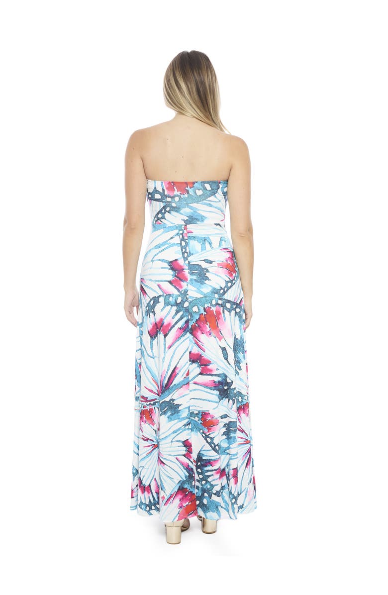 24seven Comfort Apparel Womens Butterfly A-Line Strapless Pocket Maxi Dress, Alternate, color, Blue Multi