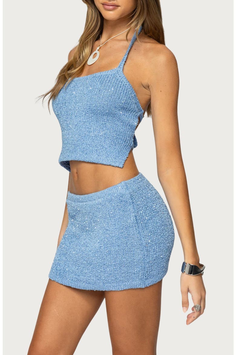 Shaylee Sequin Halter Crop Sweater Tank, Alternate, color, BLUE