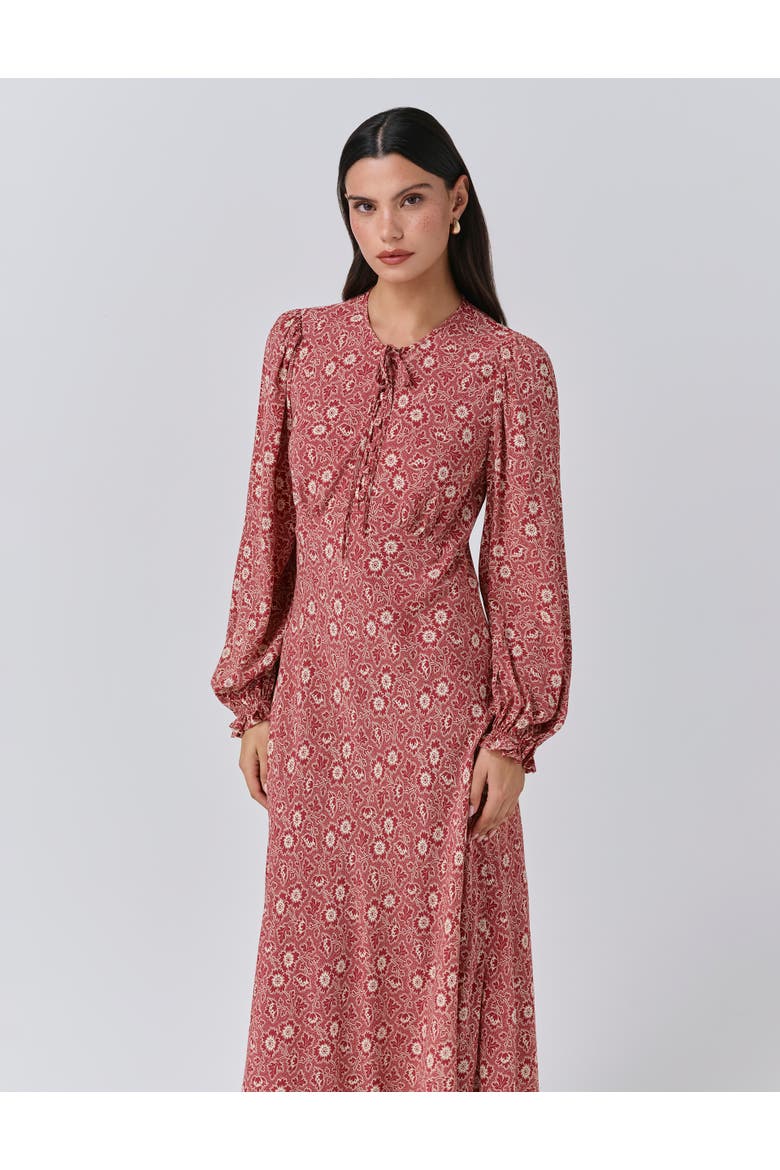 Stella Floral Crepe Tie Front Midi Dress, Alternate, color, Red Ditsy