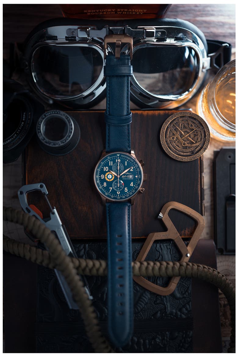 Hawker Hurricane Classic Chronograph Leather Strap Watch, 44mm, Alternate, color, BLUE