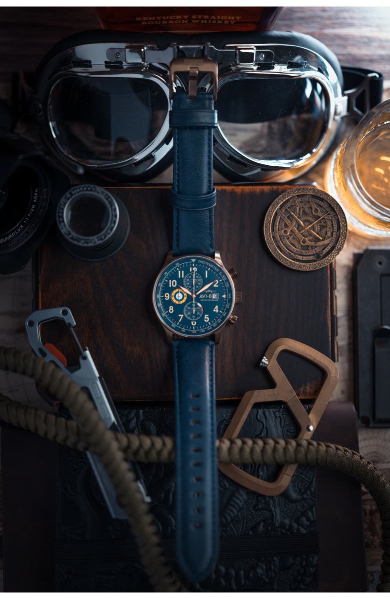 AVI-8 Hawker Hurricane Classic Chronograph Leather Strap Watch, 44mm, Alternate, color, Blue