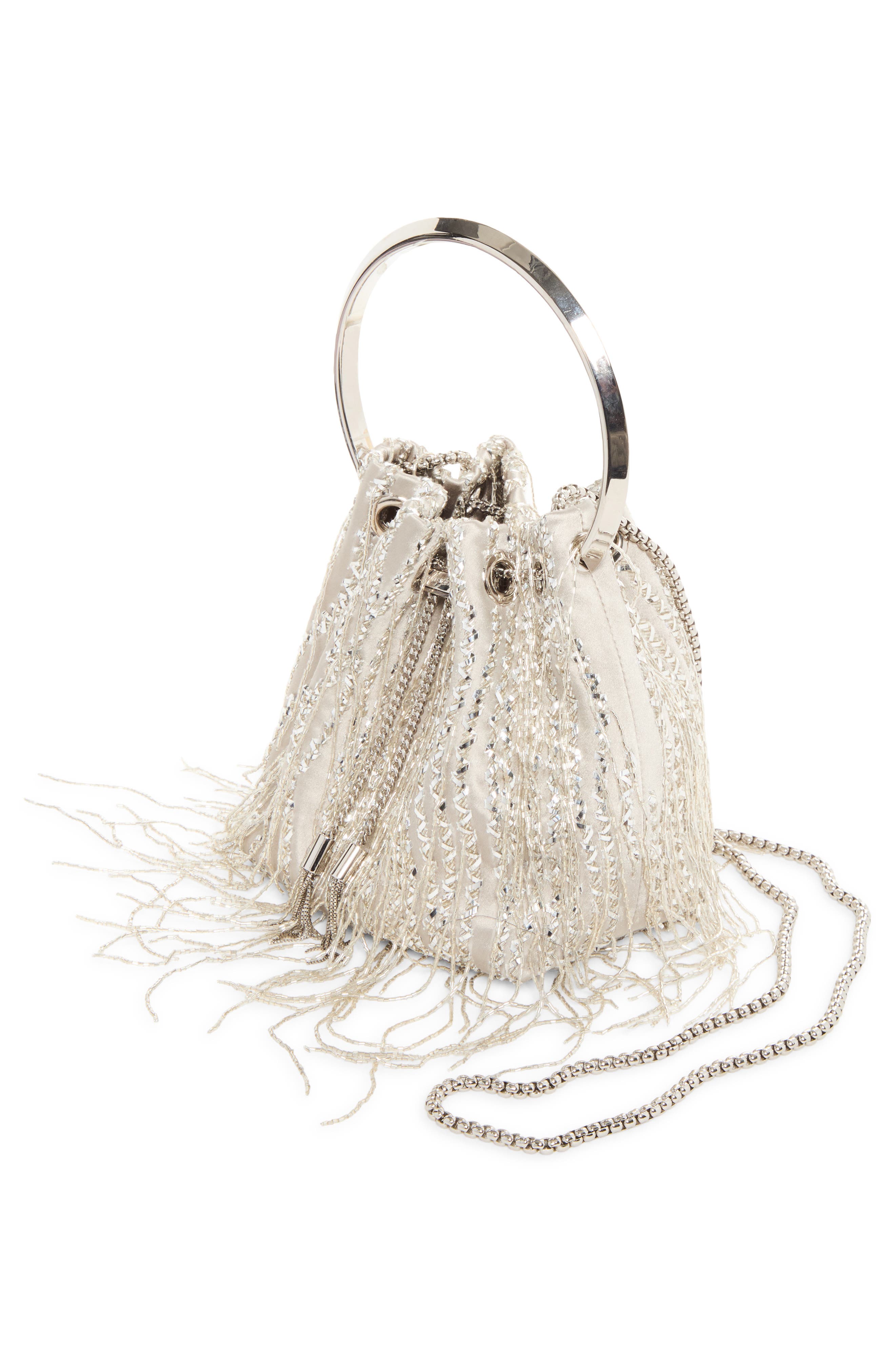 Bon Bon Beaded Fringe Satin Bucket Bag, Alternate, color, SILVER/ SILVER