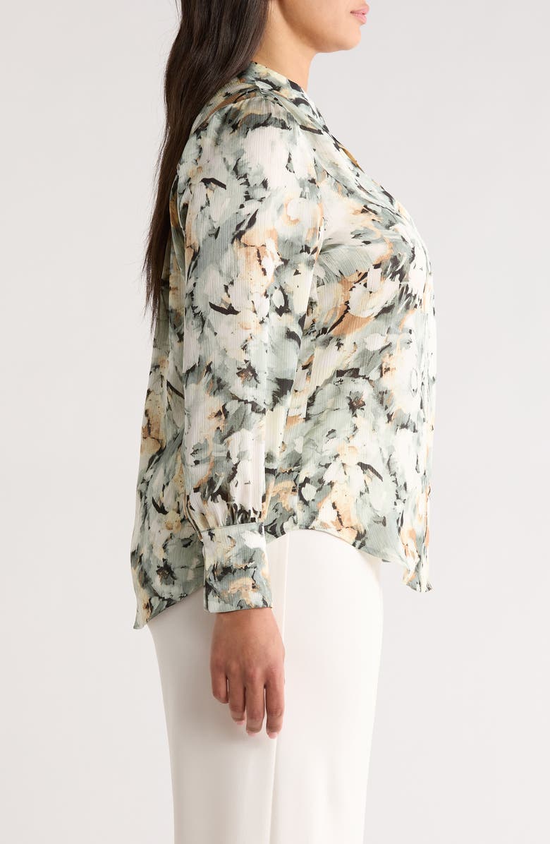 Anne Klein Pleated Split Neck Top, Alternate, color, Soft Aloe Multi