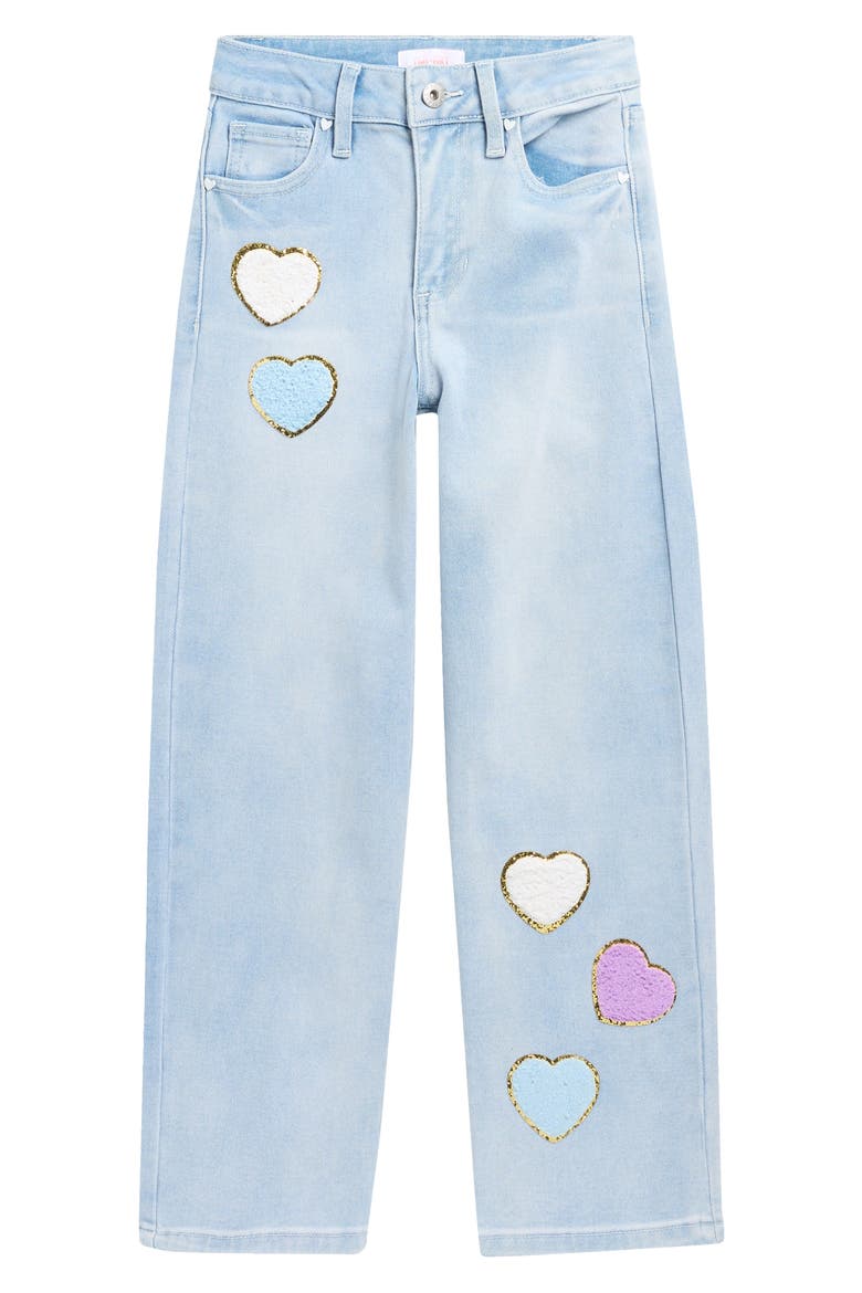 Kids' Chenille Heart Patch Straight Leg Jeans, Main, color, LIGHT
