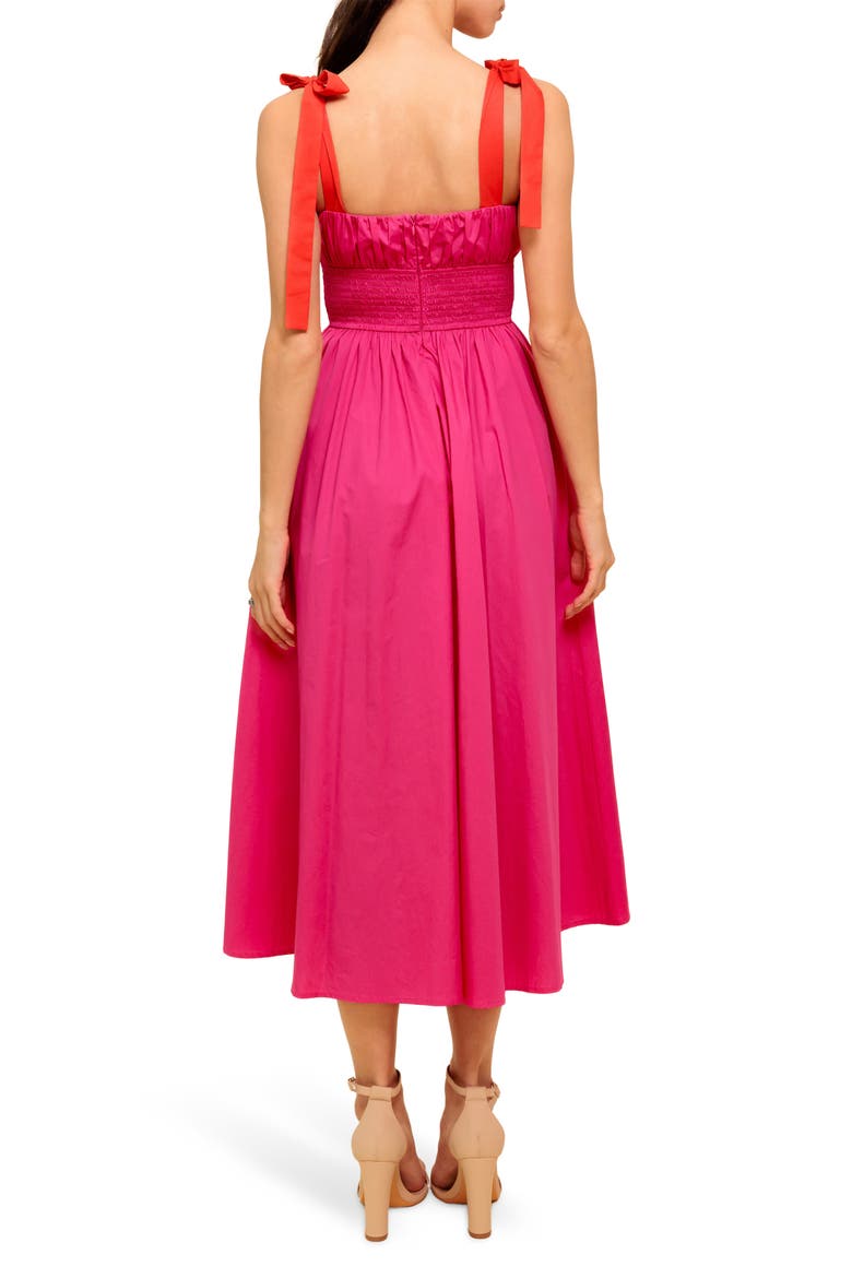 Bow Strap Gathered Midi Dress, Alternate, color, FUCHSIA