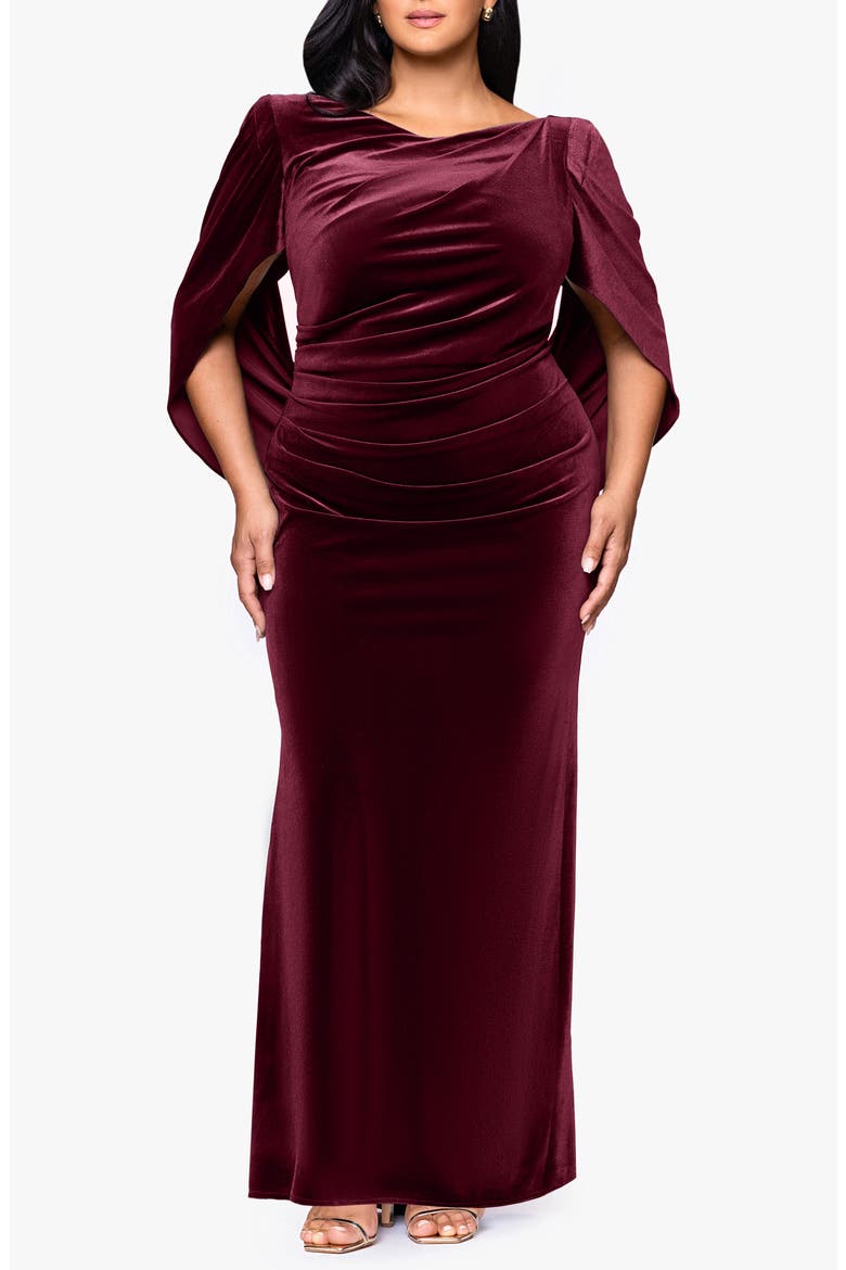 Drape Back Velvet Gown, Main, color, BURGUNDY