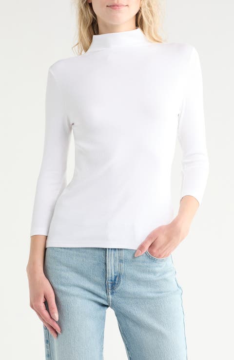 Three-Quarter Sleeve Stretch Pima Cotton Mock Neck T-Shirt