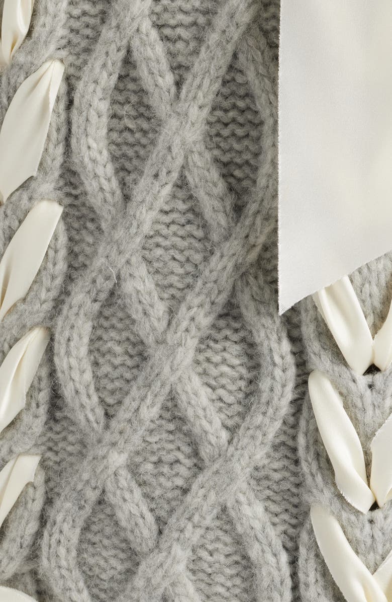 LoveShackFancy Kloss Ribbon Detail Alpaca Blend Cable Sweater, Alternate, color, Grey Melange