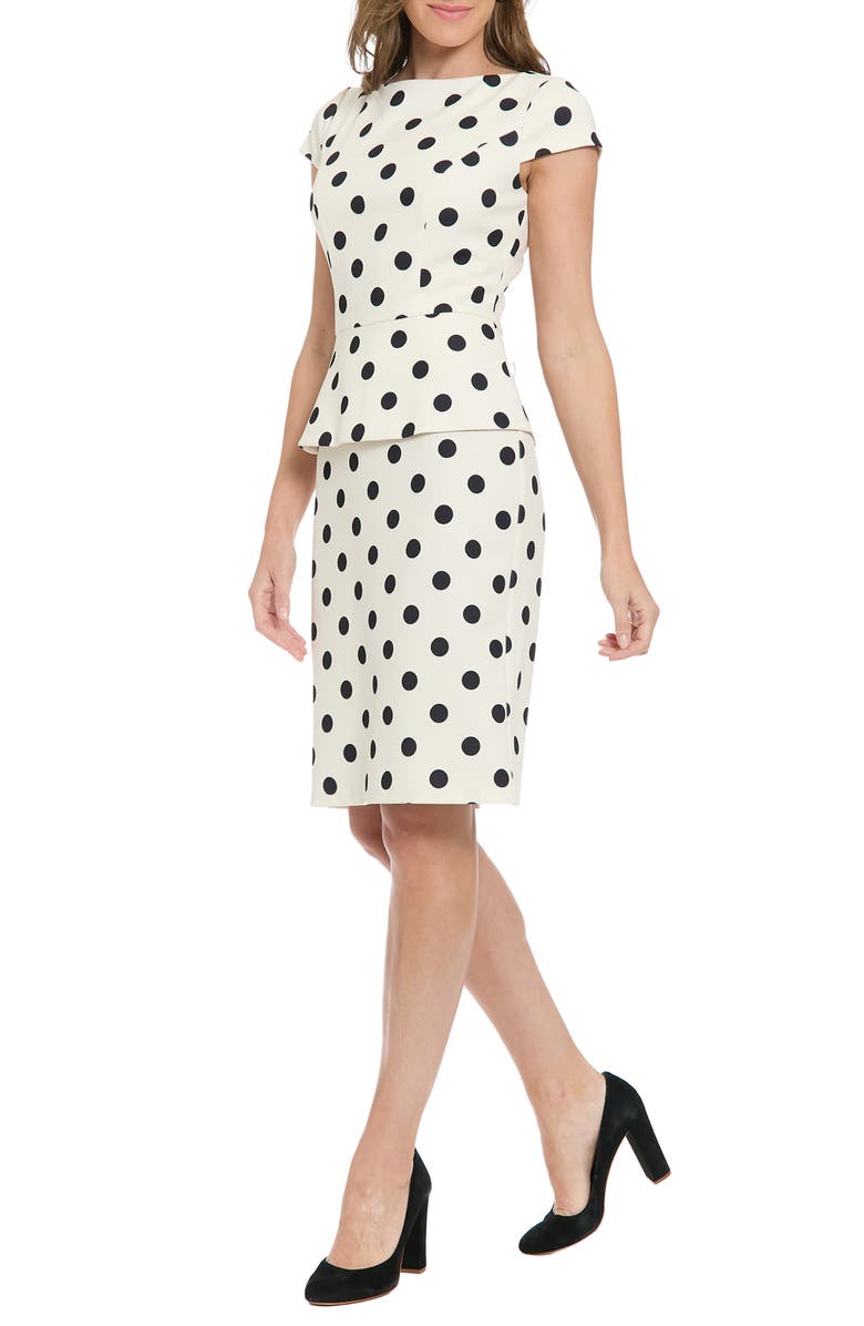 London Times Polka Dot Cap Sleeve Peplum Sheath Dress, Alternate, color, Cream/ Black