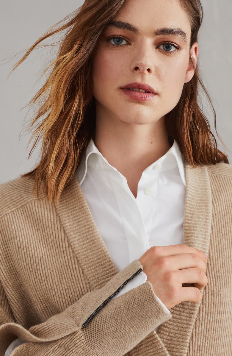 Brunello Cucinelli Cashmere English rib cardigan with shiny cuff details, Alternate, color, 