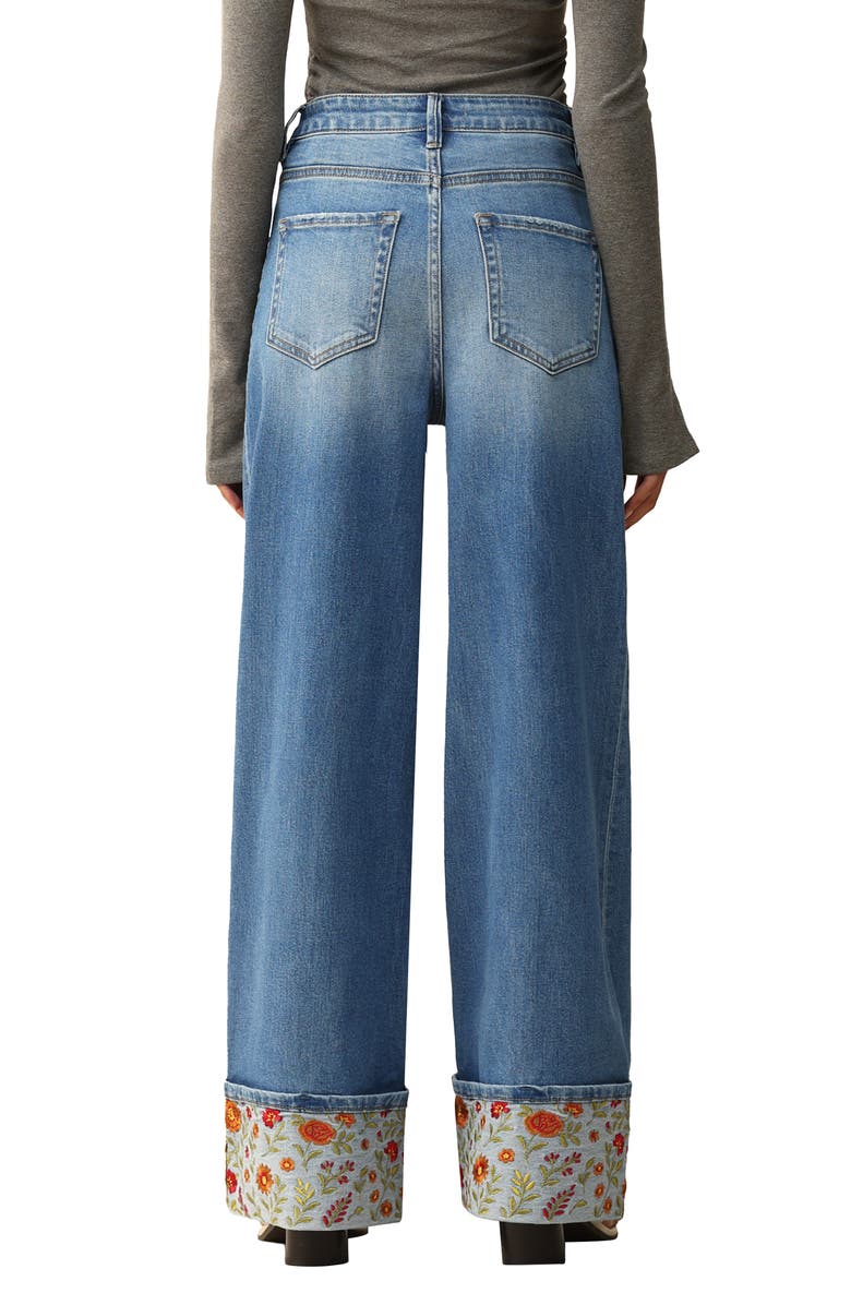 Bayeas Floral Embroidered High Waist Cuffed Wide Leg Jeans, Alternate, color, Medium Blue