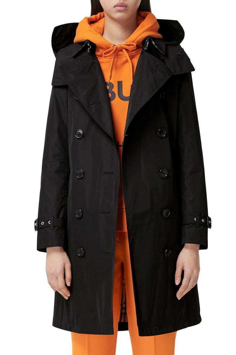 Kensington Taffeta Trench Coat with Detachable Hood, Main, color, BLACK