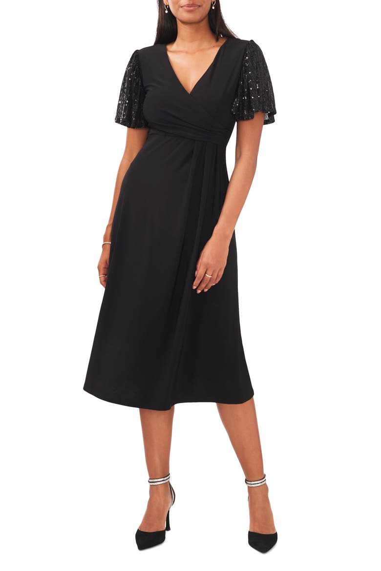 Embellished Short Sleeve Midi Dress, Main, color, BLACK