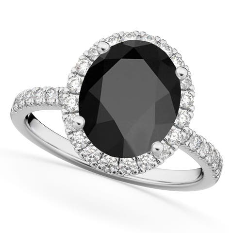 Oval Cut Halo Black Onyx & Diamond Engagement Ring 14K