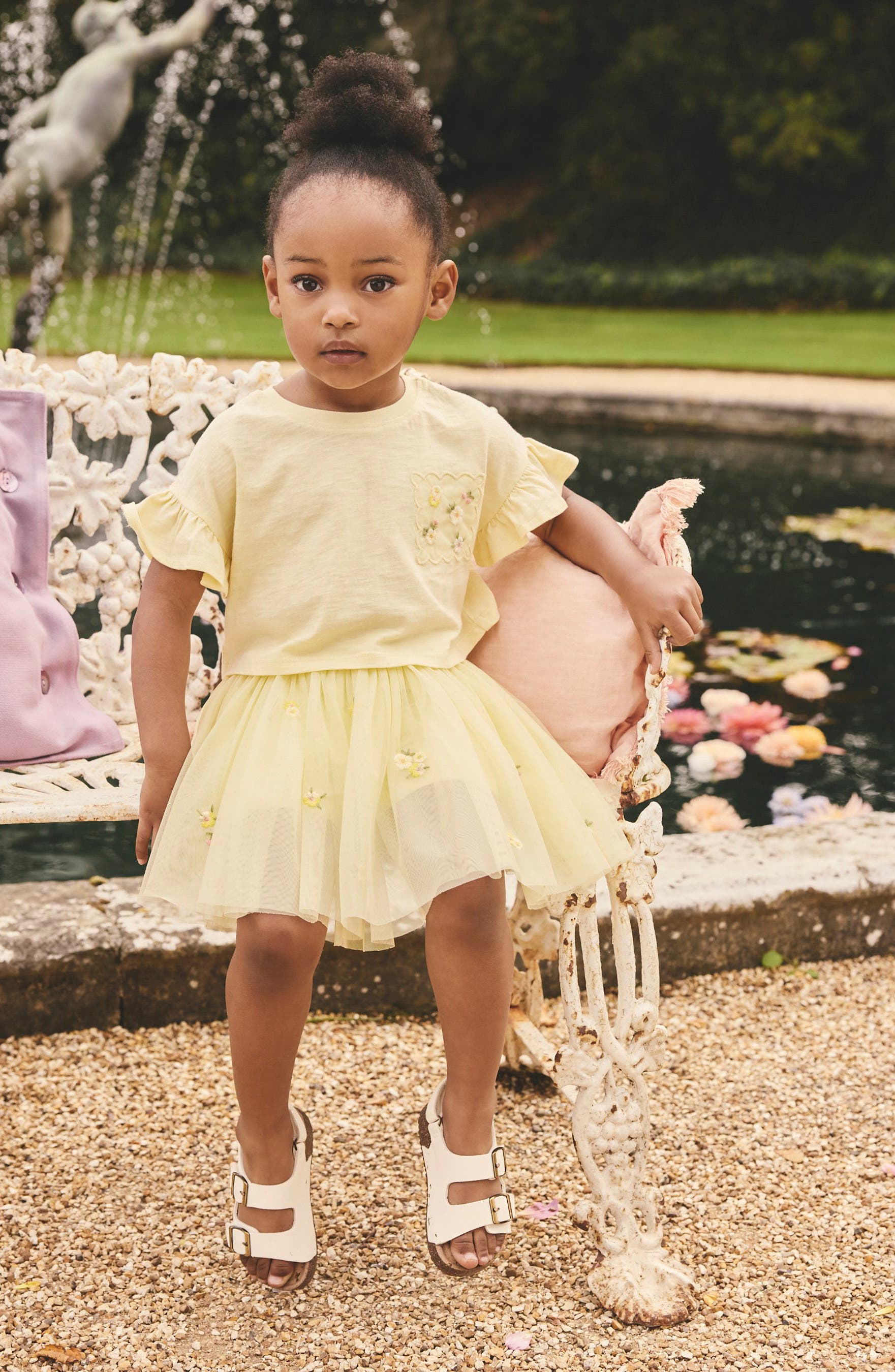 NEXT Kids' Flower Embroidered Ruffle Sleeve Shirt & Tulle Skirt