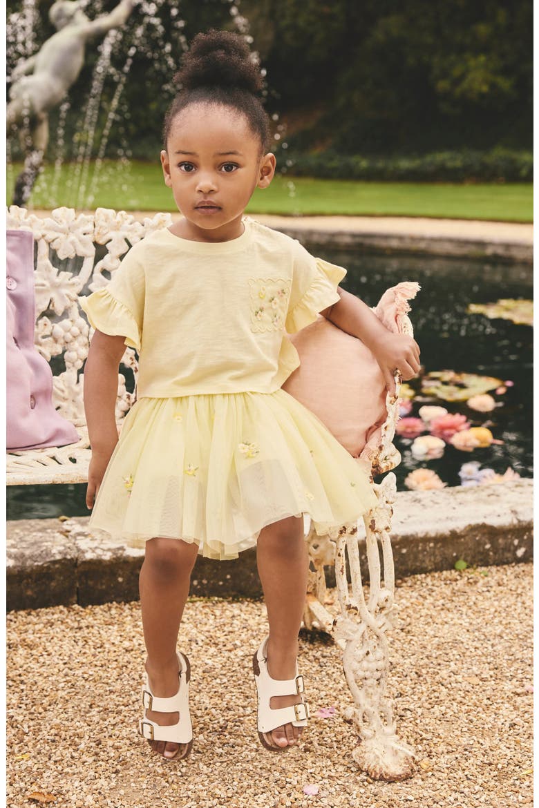 Kids' Flower Embroidered Ruffle Sleeve Shirt & Tulle Skirt Set, Alternate, color, YELLOW