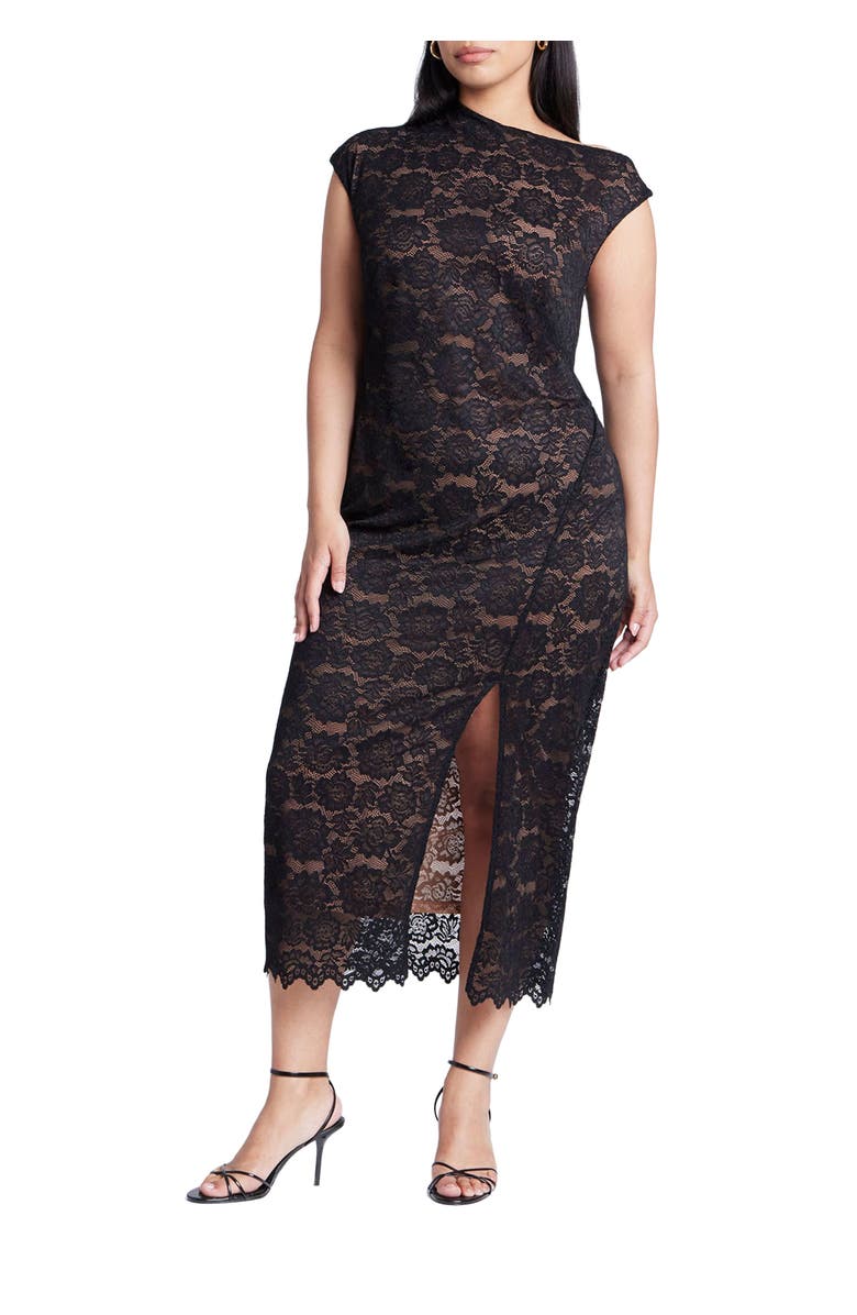 ELOQUII Lace Fitted Midi Dress, Main, color, Black Onyx