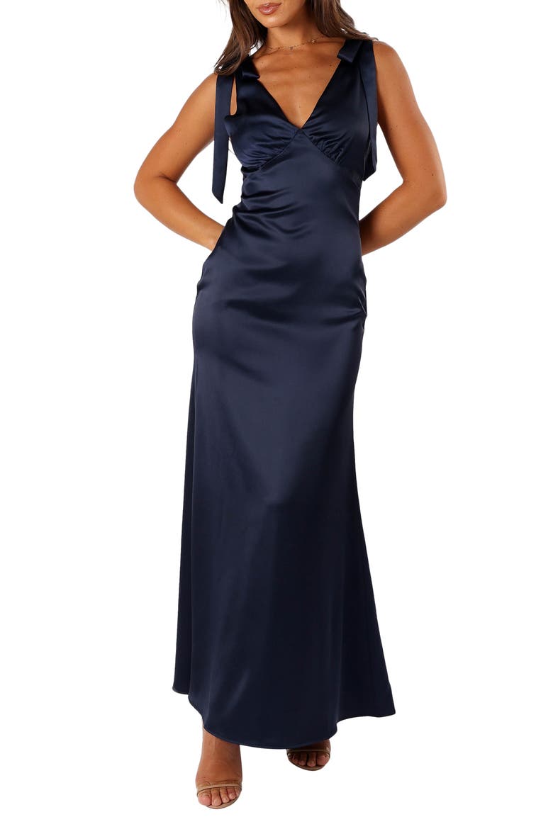 Xavier Bow Strap Satin Gown, Main, color, NAVY
