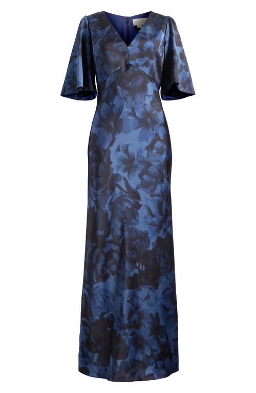 Sachin & Babi Mae Floral Print Satin Crepe Trumpet Gown In Deep Ocean Bouquet