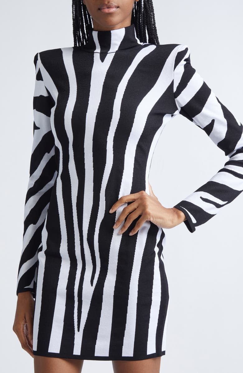 Balmain Long Sleeve Zebra Intarsia Mini Sweater Dress, Alternate, color, Eab Blk/ White