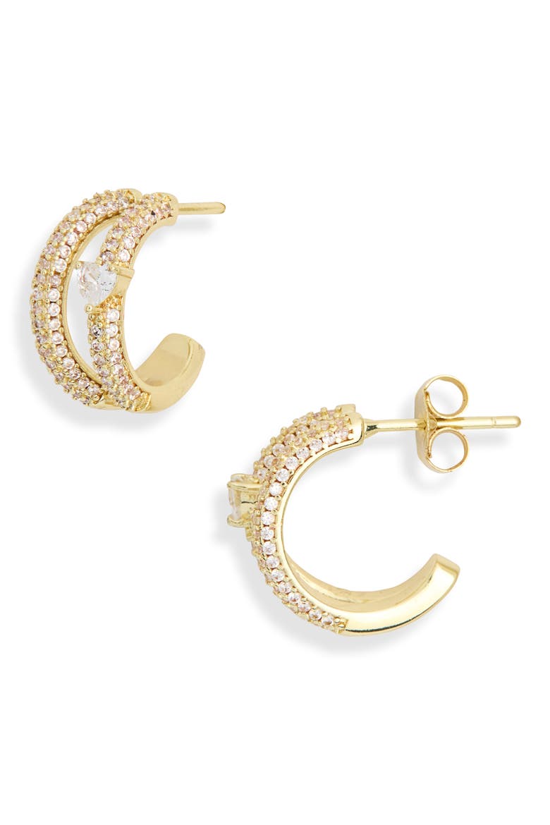Cubic Zirconia Double Row Huggie Hoop Earrings, Main, color, CLEAR- GOLD