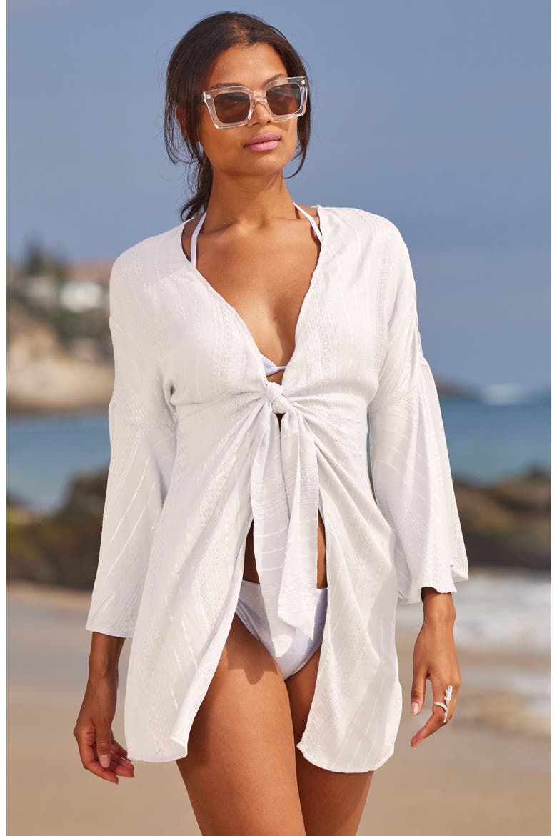 Radiance Metallic Stripe Long Sleeve Cover-Up Tunic, Alternate, color, WHITE
