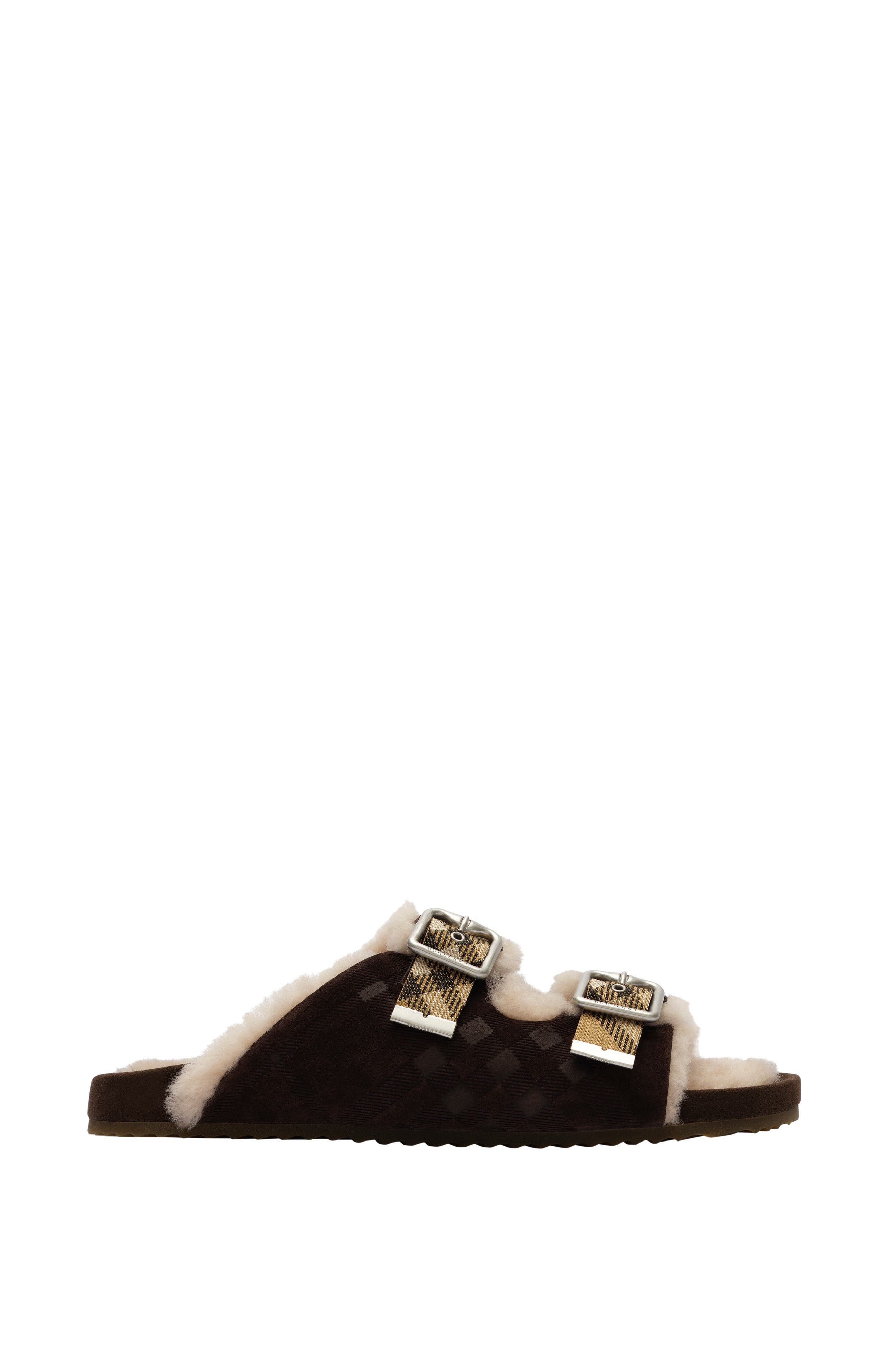 Check Shearling Urchin Sandals, Main, color, Moorhen brown