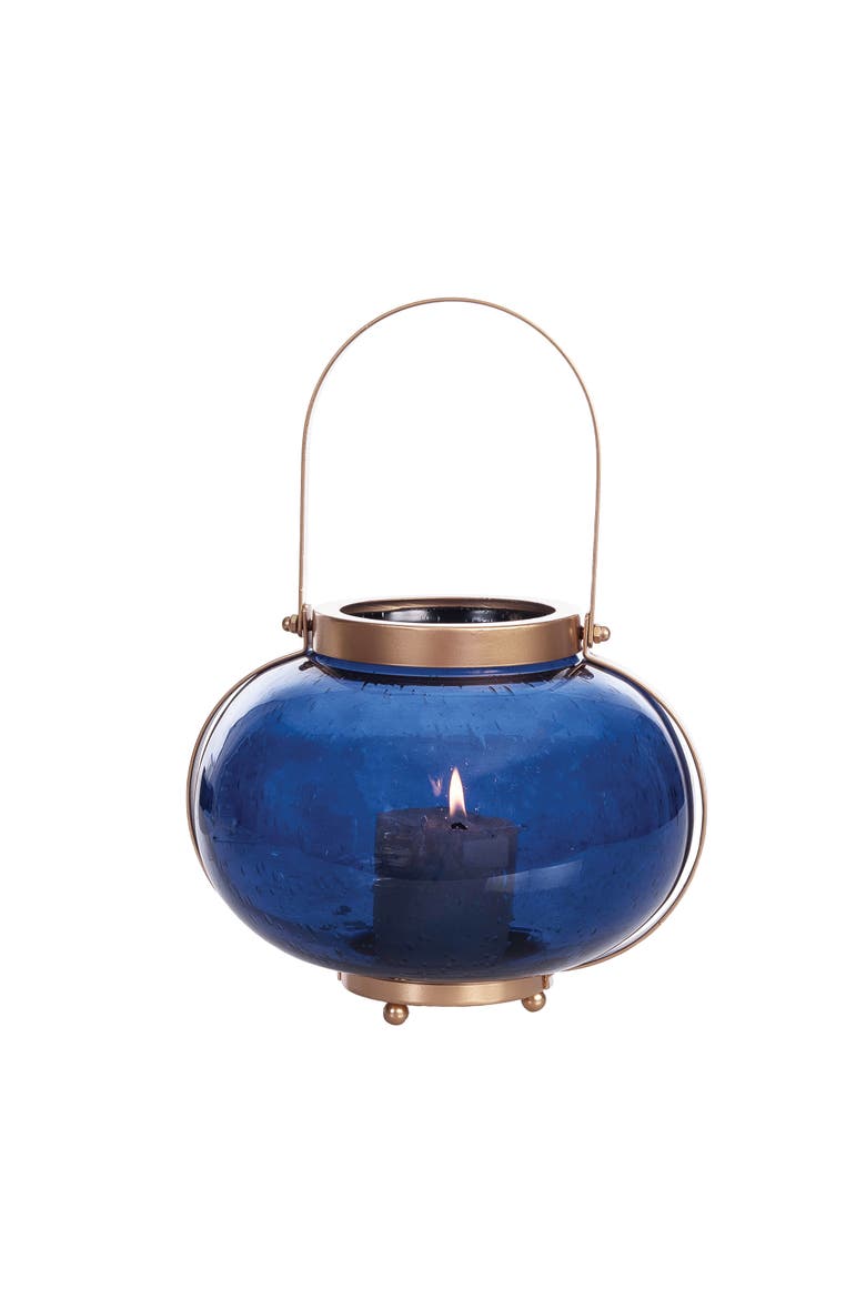 Medium Cobalt Blue Coastal Round Candle Holder Lantern, Alternate, color, Blue