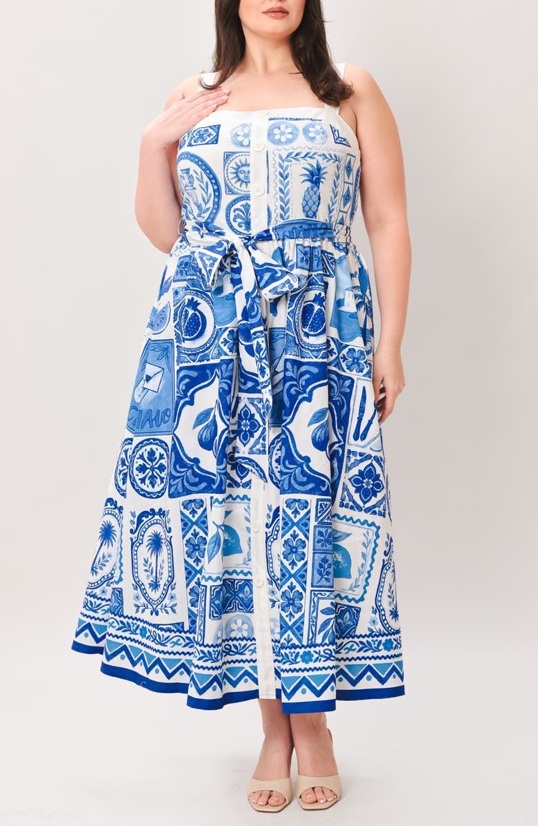 FLYING TOMATO Printed Fit & Flare Midi Dress, Alternate, color, Ivory Blue
