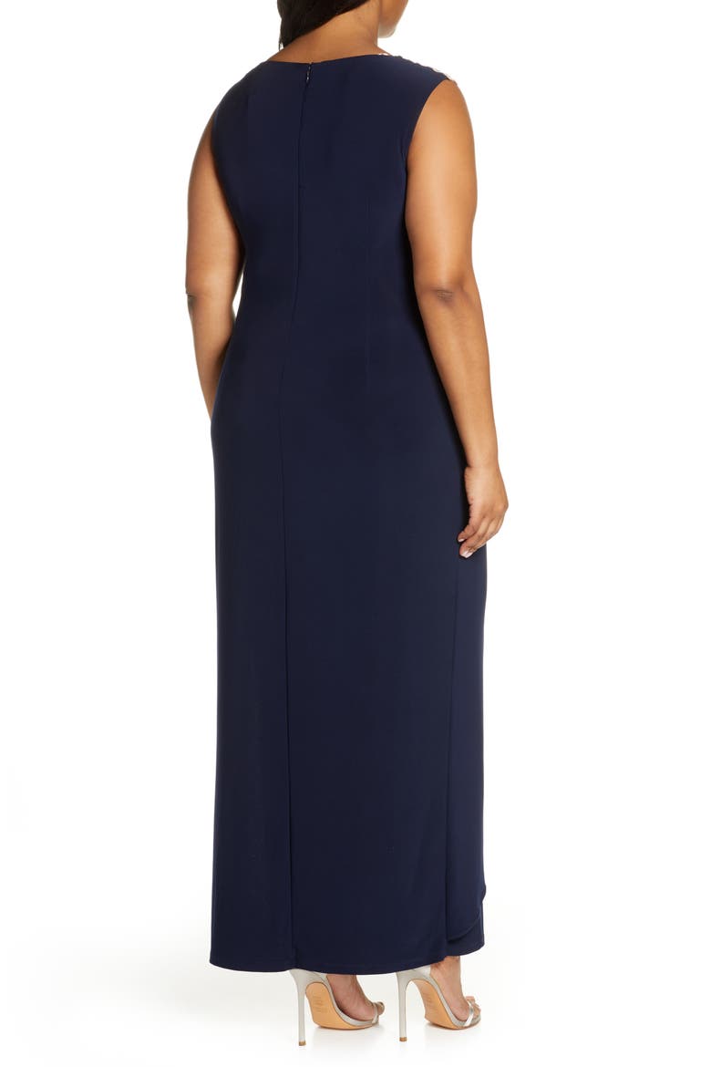 Beaded Lace Neck Evening Dress, Alternate, color, NAVY/ NUDE