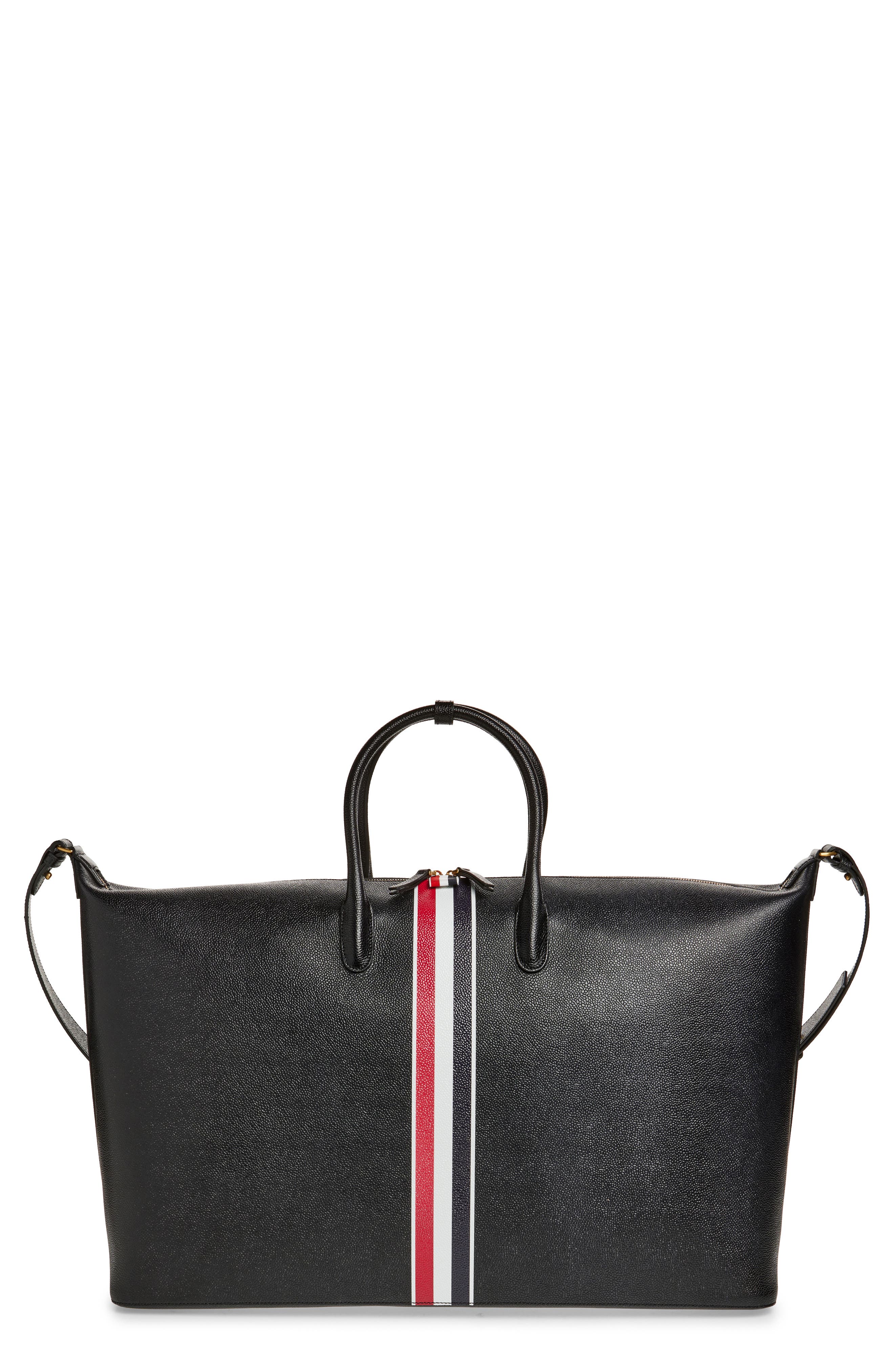 Thom Browne RWB Stripe Leather Duffle Bag, Main, color, Black