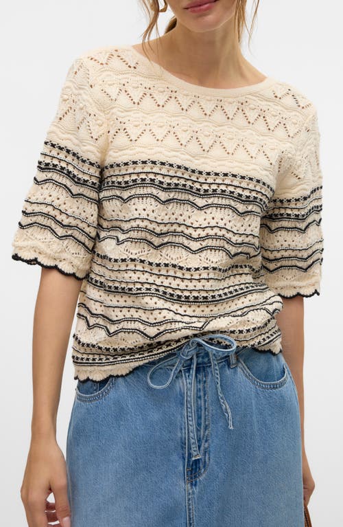 Vero Moda Pattern Pointelle Sweater In Birch Detail W/black