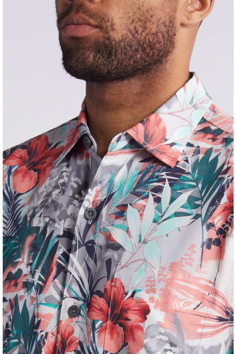 Mojito Bay Electric Blooms Short Sleeve Performance Button-Up Shirt, Alternate, color, SUMMER GREY