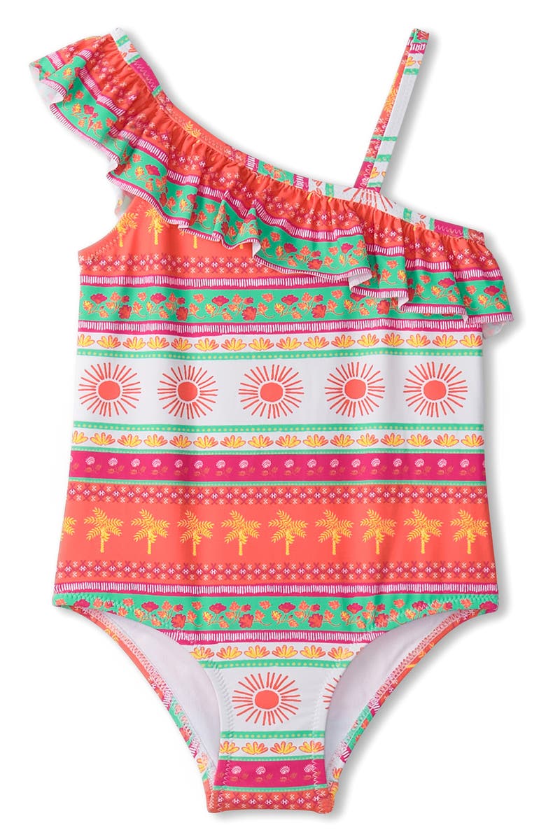 Hatley Ornate Tropical Ruffle Trim One-Piece Swimsuit, Main, color, White