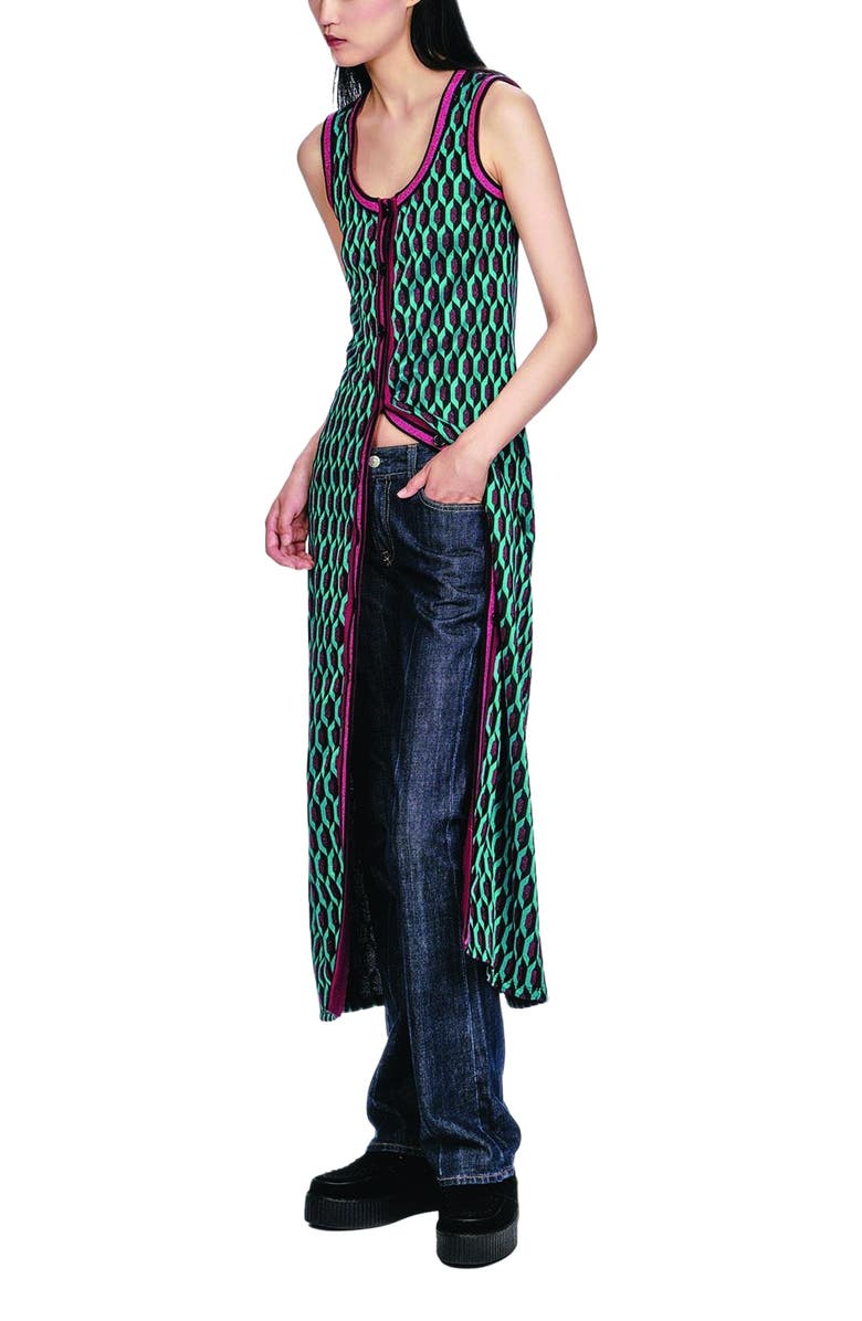 Anna Sui Glitter Geo Jacquard Long Vest, Alternate, color, Teal