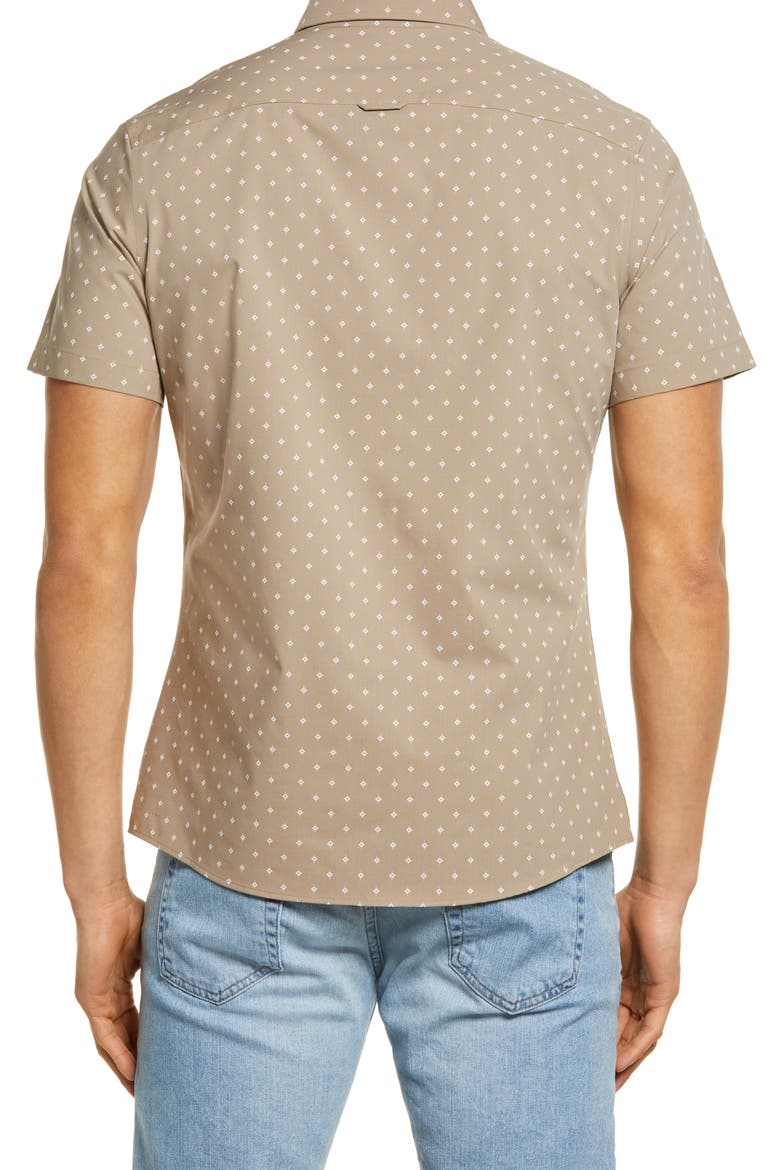 Tech-Smart Diamond Print Short Sleeve Button-Up Shirt, Alternate, color, TAN - WHITE FOULARD