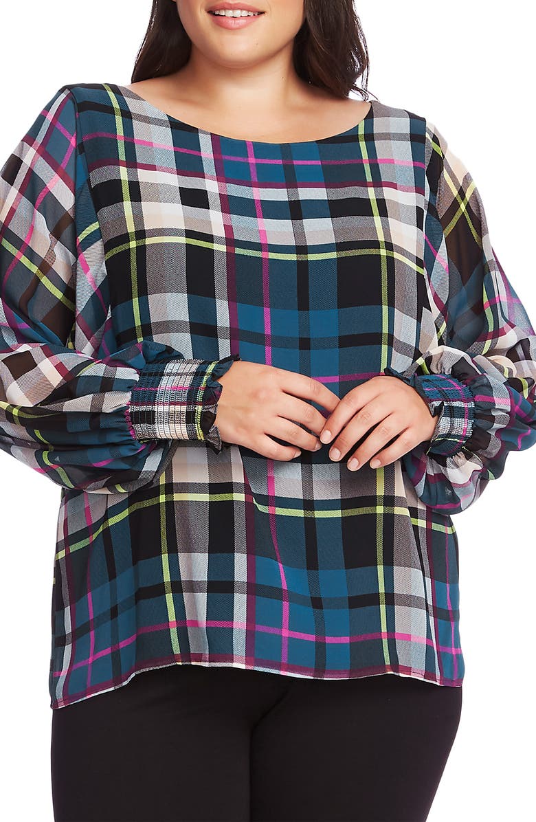Vince Camuto Plaid Chiffon Blouse, Main, color, 
