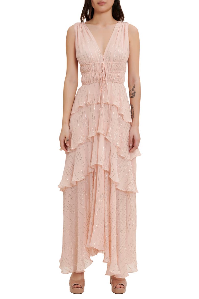Rufflinette Metallic Tiered Ruffle Maxi Dress, Main, color, PINK