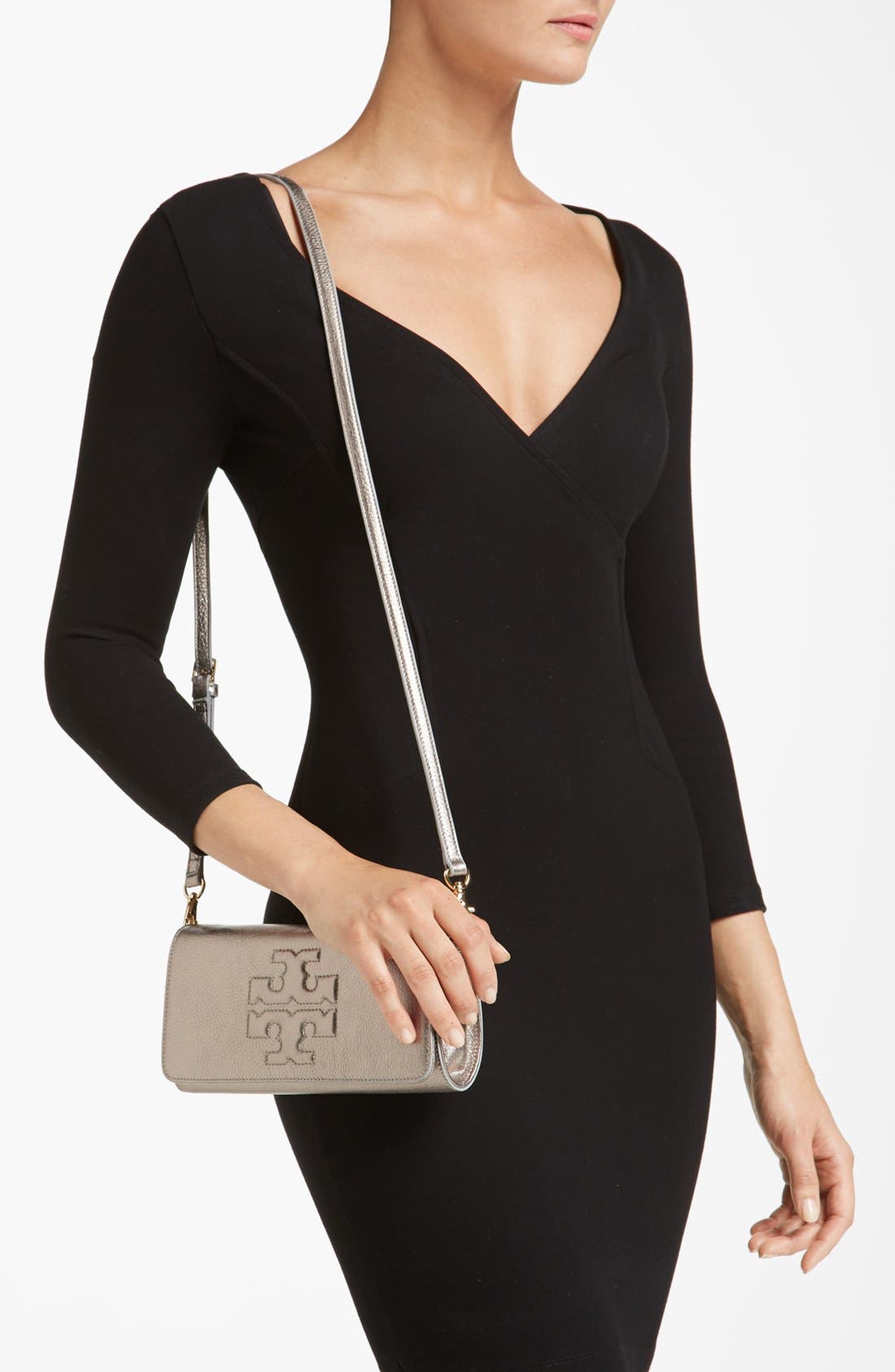 'Thea Bombe' Metallic Leather Clutch, Alternate, color, GUNMETAL