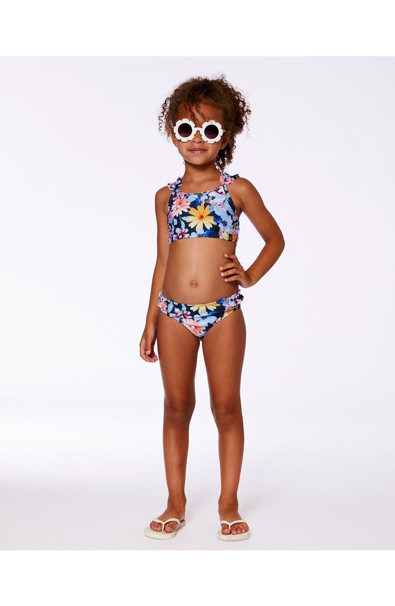 Deux par Deux Little Girl's Printed Two-Piece Swimsuit Navy And Yellow And Pink Flowers, Alternate, color, 