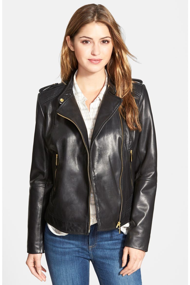 Asymmetrical Zip Leather Moto Jacket, Main, color, BLACK