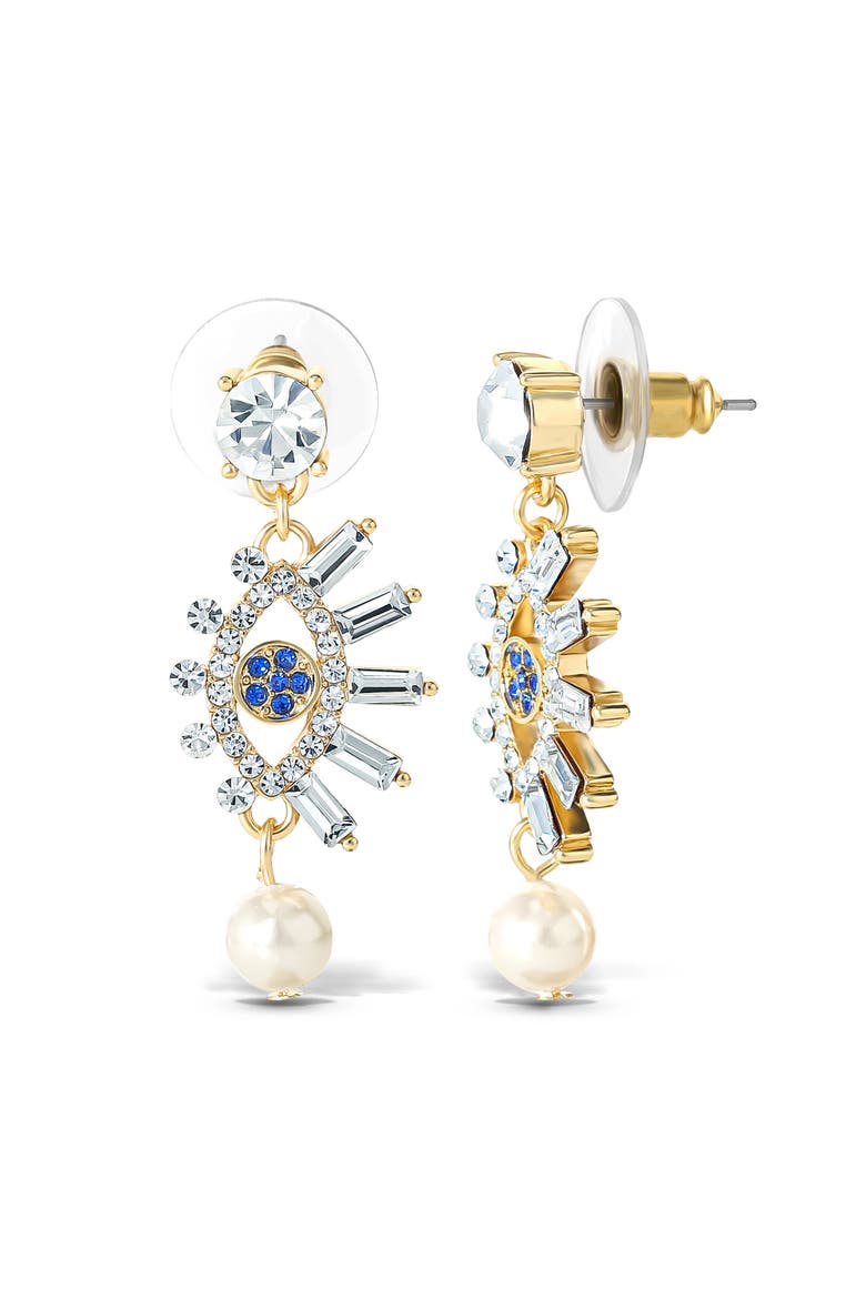 Evil Eye Dangle Earrings with Pearl & Rhinestones, Alternate, color, Gold, silver, blue