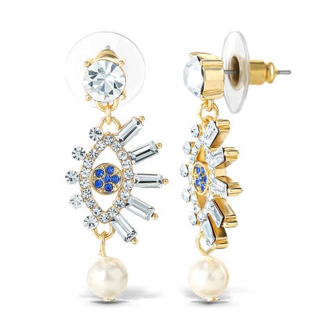 Evil Eye Dangle Earrings with Pearl & Rhinestones